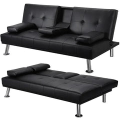 Twin 66'' Wide Faux Leather Cushion Back Convertible Sofa with Storage