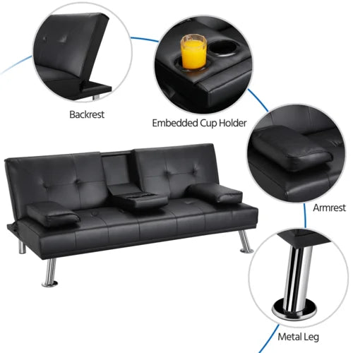 Twin 66'' Wide Faux Leather Cushion Back Convertible Sofa with Storage