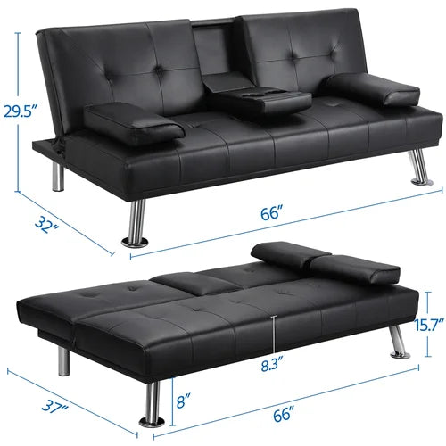 Twin 66'' Wide Faux Leather Cushion Back Convertible Sofa with Storage