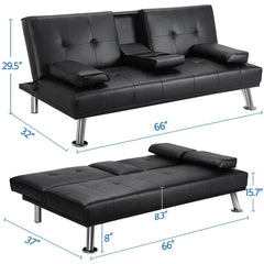 Twin 66'' Wide Faux Leather Cushion Back Convertible Sofa with Storage