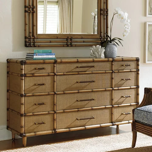 Twin Palms 12 Drawer 68'' W Solid Wood Dresser Framed in Leather Wrapped Namboo
