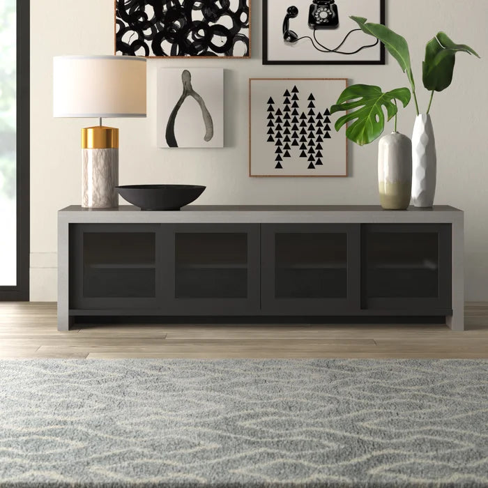 Black Tyree TV Stand for TVs up to 78" Four Glass Paneled Doors Slide