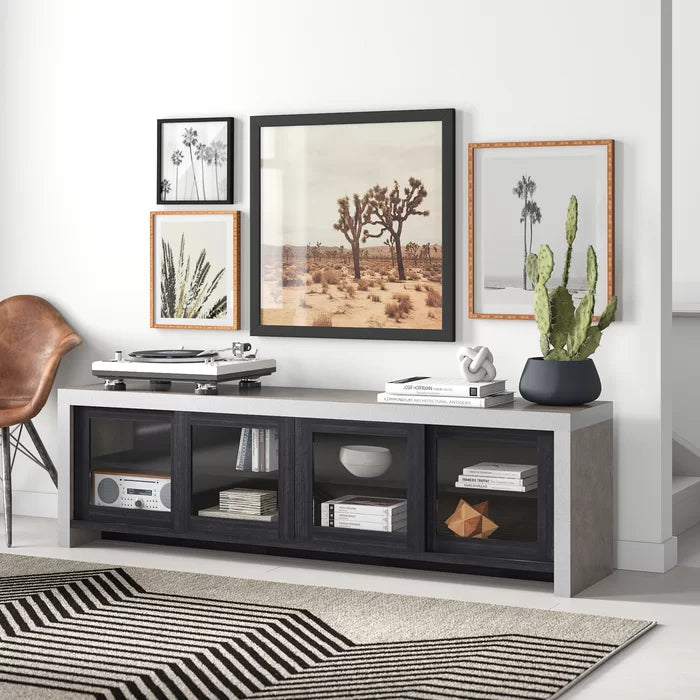 Black Tyree TV Stand for TVs up to 78" Four Glass Paneled Doors Slide