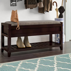 Espresso Upholstered Flip Top Storage Bench Features a Traditional Rectangular Silhouette