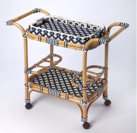 Rattan Bar Cart - Blue & White Rattan Weave Serving Cart. The Simplistic Design of this Servig Cart