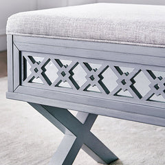 Solid Wood Flip Top Storage Bench Diamond Filigree Pattern is Backed Mirror and Supported On A Sturdy