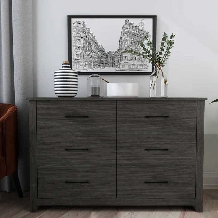 Dark Gray Oak Walter 6 Drawer 46.5 W Double Dresser Clean Lined Frame