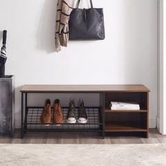 Dark Walnut Shoe Storage Bench. Bench Space To Seat Two Adults Comfortably Adjustable Storage Shelf Use in Entryway, Mudroom, or Bedrooms