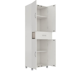White 75" H x 23" W x 15" D Storage Cabinet This Cabinet Has An Upper and A Lower Storage Compartment, Each with Two Adjustable Shelves