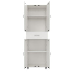 White 75" H x 23" W x 15" D Storage Cabinet This Cabinet Has An Upper and A Lower Storage Compartment, Each with Two Adjustable Shelves