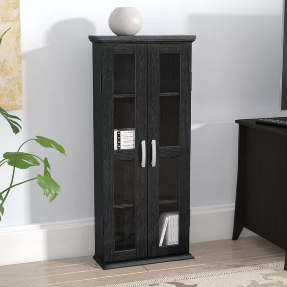 Textured Black Wood DVD Multimedia Cabinet Crafted from Manufactured Wood