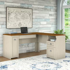 Antique White L-Shape Desk with Keyboard Tray
