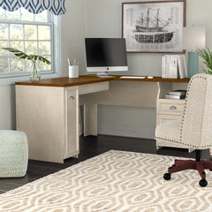 Antique White L-Shape Desk with Keyboard Tray