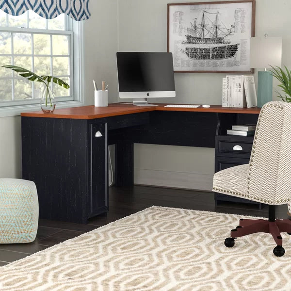 Antique Black L-Shape Desk Creating a Spacious Office Desk Solid Manufactured Wood