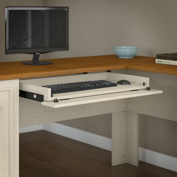 Antique White L-Shape Desk with Keyboard Tray