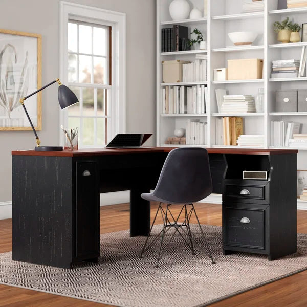 Antique Black L-Shape Desk Creating a Spacious Office Desk Solid Manufactured Wood