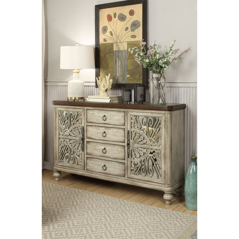 Yakima 60'' Wide 4 Drawer Rubberwood Sideboard Wooden Bun Turned Leg