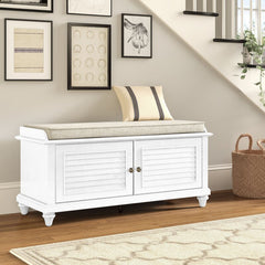 White Cabinet Storage Bench Two Doors Open to Reveal Hidden Storage Space for Everything from Board Games to Folded Blankets