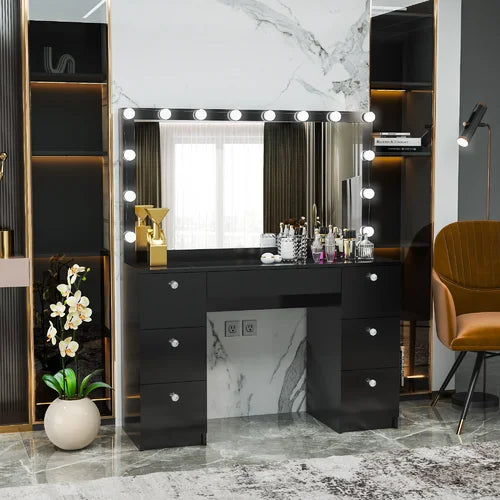 Black Yara 46.3'' Wide Vanity with Mirror14 Light Bulbs Add A Sense Of Glamor And Style