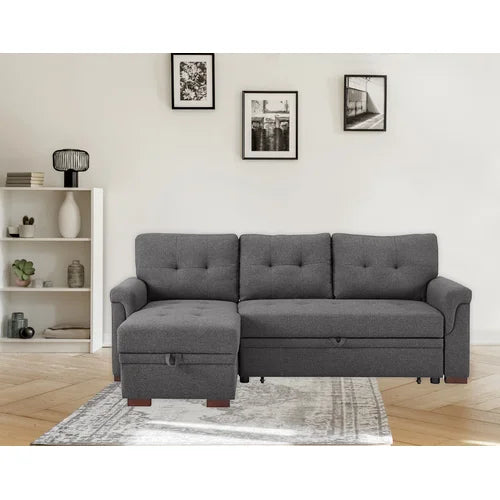 Dark Gray Yosef 84" Wide Reversible Sleeper Sofa & Chaise Made of Solid and Engineered Wood