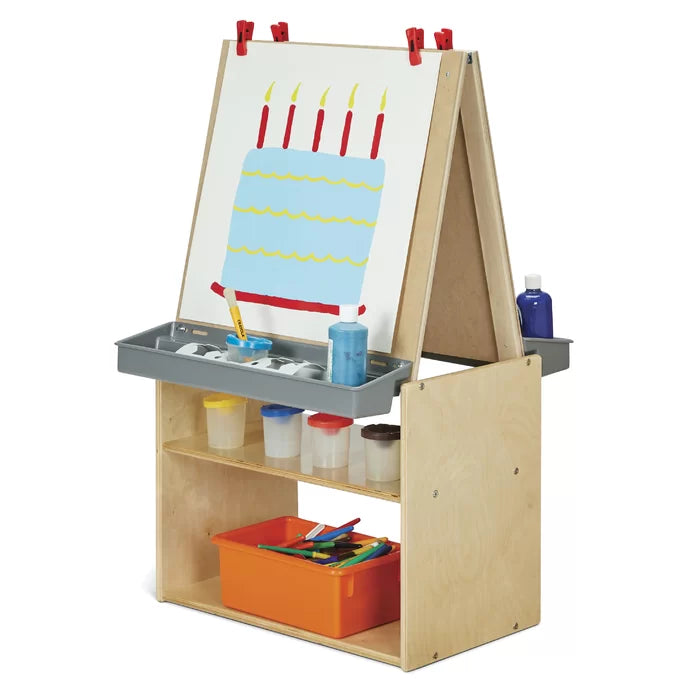 2 Station Double Sided Board Easel with Ample Storage Space Below Helps Keep Art Supplies