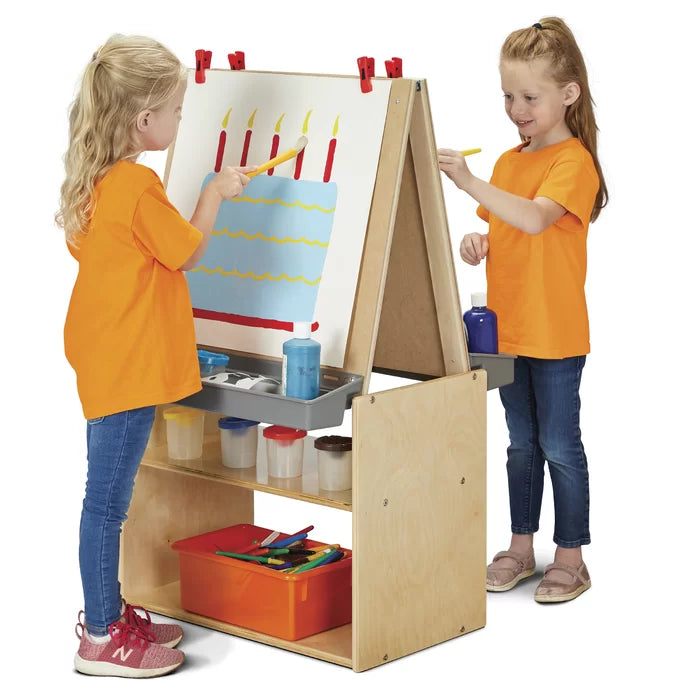 2 Station Double Sided Board Easel with Ample Storage Space Below Helps Keep Art Supplies