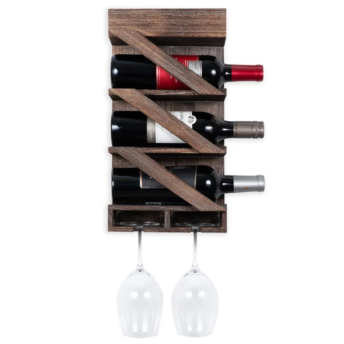 Zaden 3 Bottle Solid Wood Wall Mounted Wine Bottle & Glass Rack in Burnt Brown