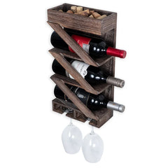 Zaden 3 Bottle Solid Wood Wall Mounted Wine Bottle & Glass Rack in Burnt Brown