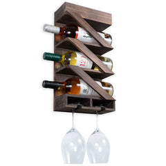 Zaden 3 Bottle Solid Wood Wall Mounted Wine Bottle & Glass Rack in Burnt Brown