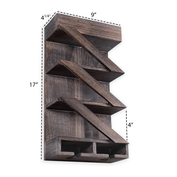 Zaden 3 Bottle Solid Wood Wall Mounted Wine Bottle & Glass Rack in Burnt Brown