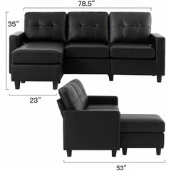 Black Faux Leather Campbelltown 78.5" Wide Faux Leather Reversible Sofa & Chaise with Ottoman