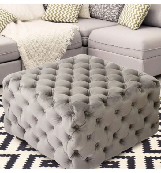 Adeco Grey Square Tufted Fabric Bench Footstool Made of Fabric and Wood
