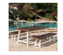 Carlisle Outdoor 3 Piece Acacia Picnic Dining Set with Benches Dark Brown White Rustic Metal