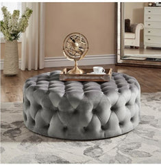 Knightsbridge Round Tufted Rolling Cocktail Ottoman Grey Velvet