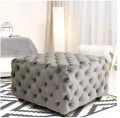 Adeco Grey Square Tufted Fabric Bench Footstool Made of Fabric and Wood
