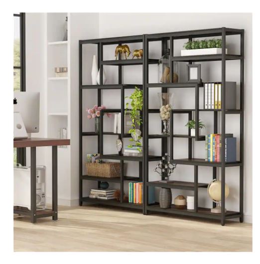 8-Shelves Staggered Bookshelf Industrial Etagere Bookcase