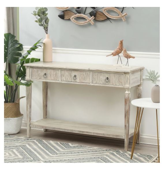 White Washed Wood Three Drawer Console Table 31.63in. H x 47.25in. W x 15.75in. D