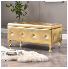 Upholstered Tufted Storage Bench Bonded Leather Gold