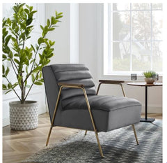 Art Leon Velvet Ribbed Accent Oak Armrest Chair with Metal Frame Gray