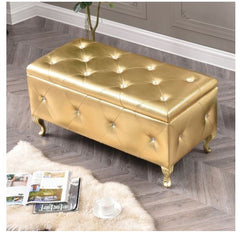 Upholstered Tufted Storage Bench Bonded Leather Gold