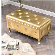 Upholstered Tufted Storage Bench Bonded Leather Gold