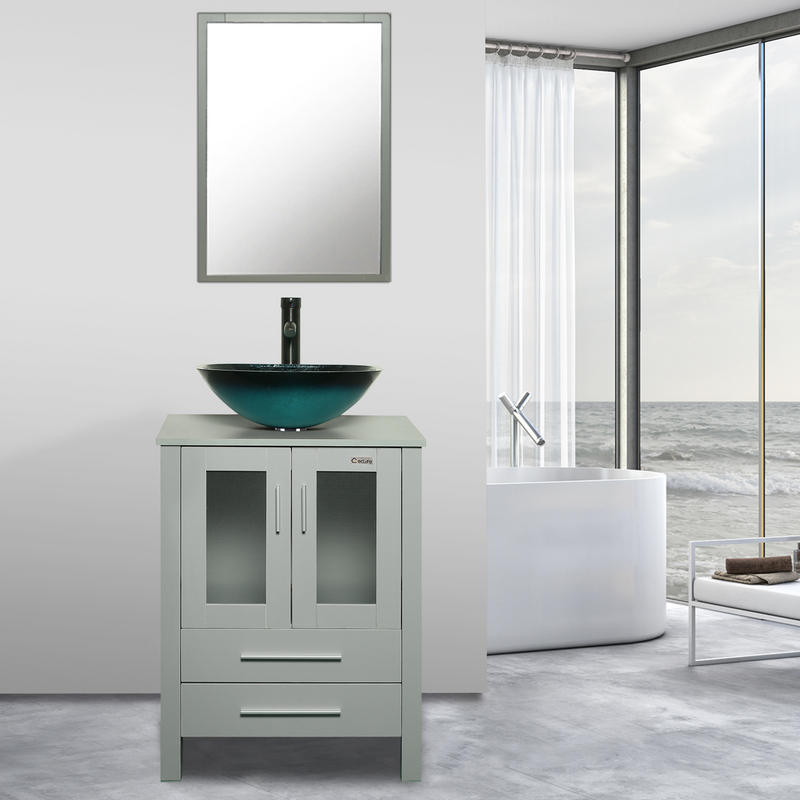 Olancha 24'' Single Bathroom Vanity Set with Mirror Made of Hardwood Plywood