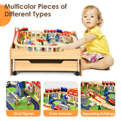 Children's Wooden Railway Set Table with 100 Pieces Storage Drawers Storage Drawer Prevents Missing Pieces After Playing
